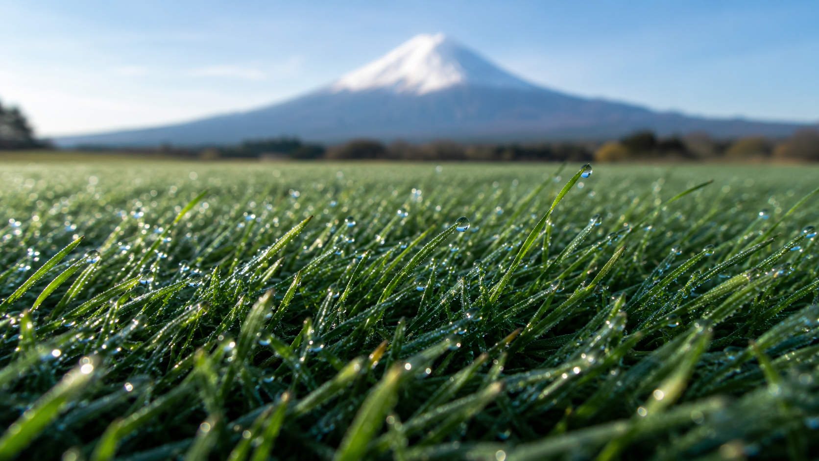 草葉朝露特寫，背景是雪冠富士山散景