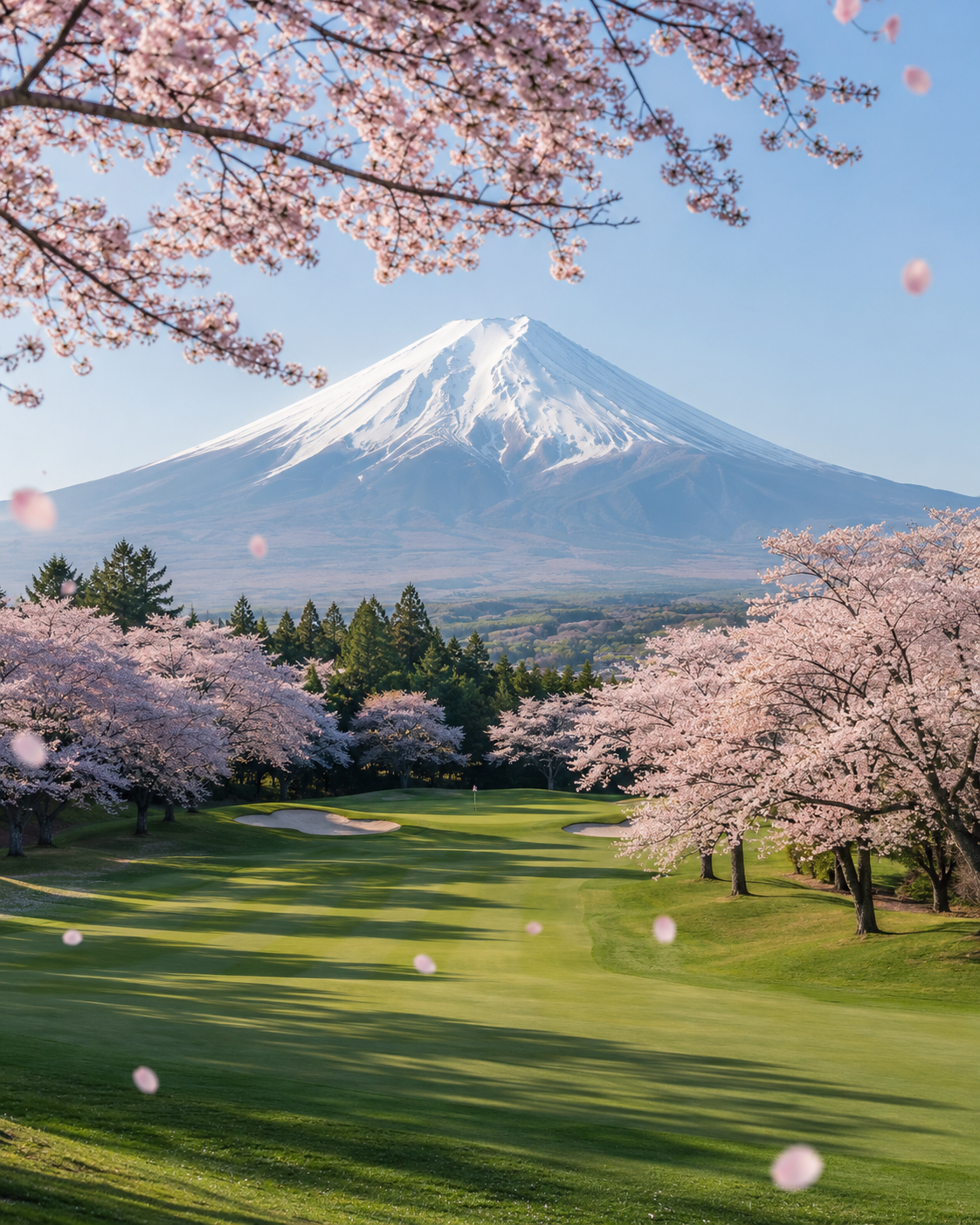 櫻花框著雪冠富士山與翠綠球道的春日清晨