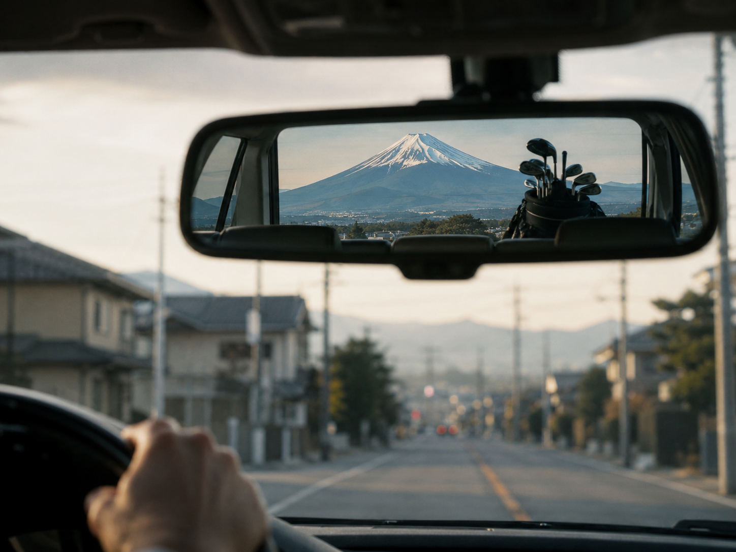 後視鏡裡的富士山與球袋，車駛離山的方向