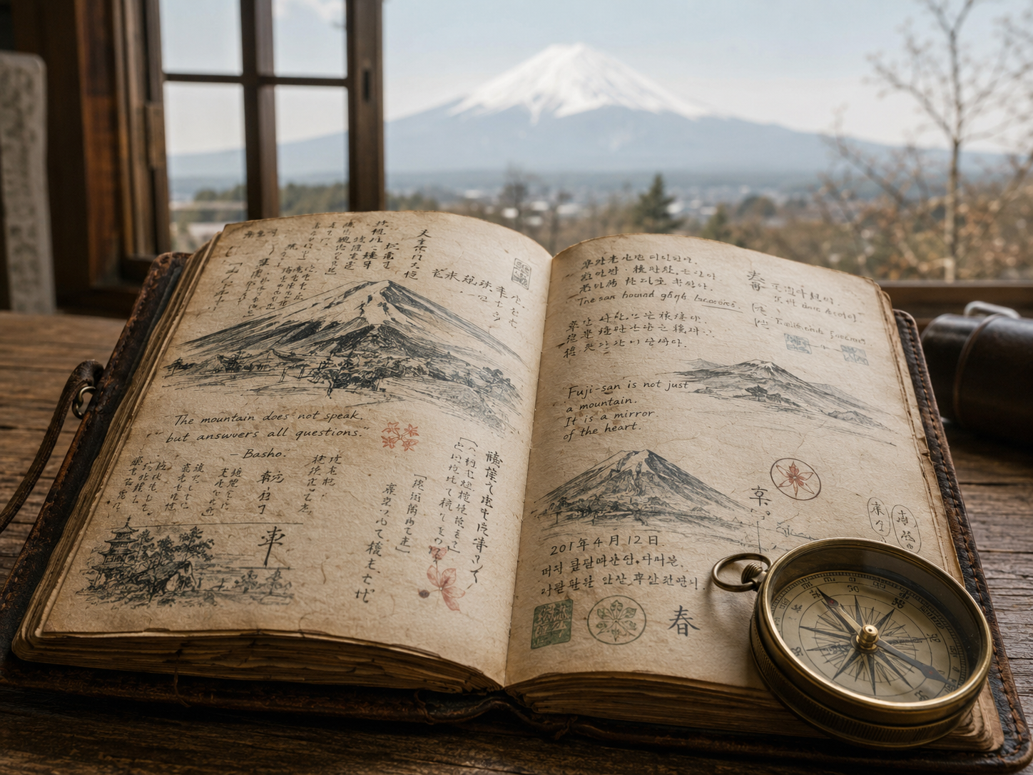 手繪富士山朝聖手帳，配著黃銅羅盤