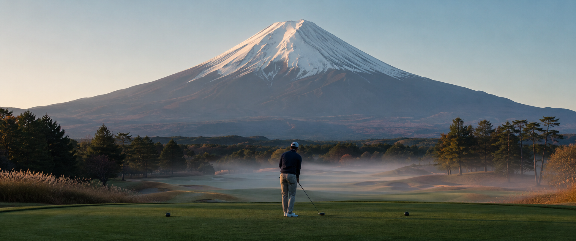 晨霧中獨自站上 tee 台、面對富士山