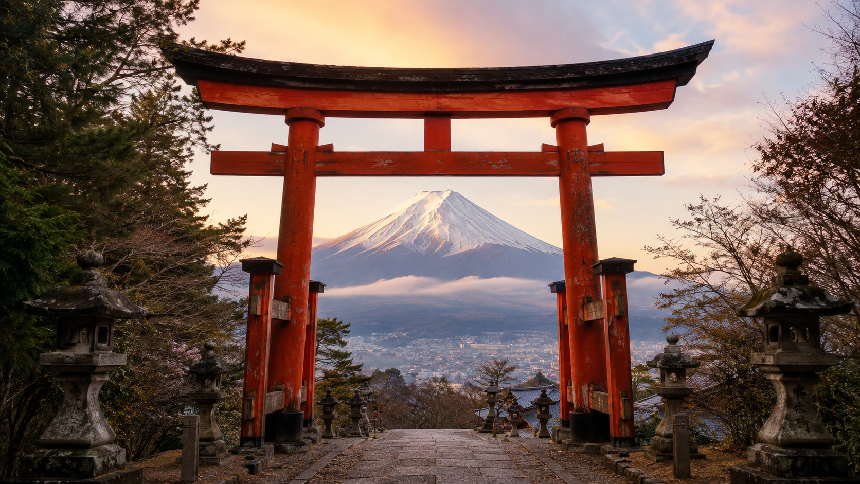 朱紅鳥居框住雪冠富士山的神社參道